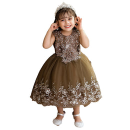 Girls Brown Ethnic Motifs Applique Fit & Flare Midi Dress