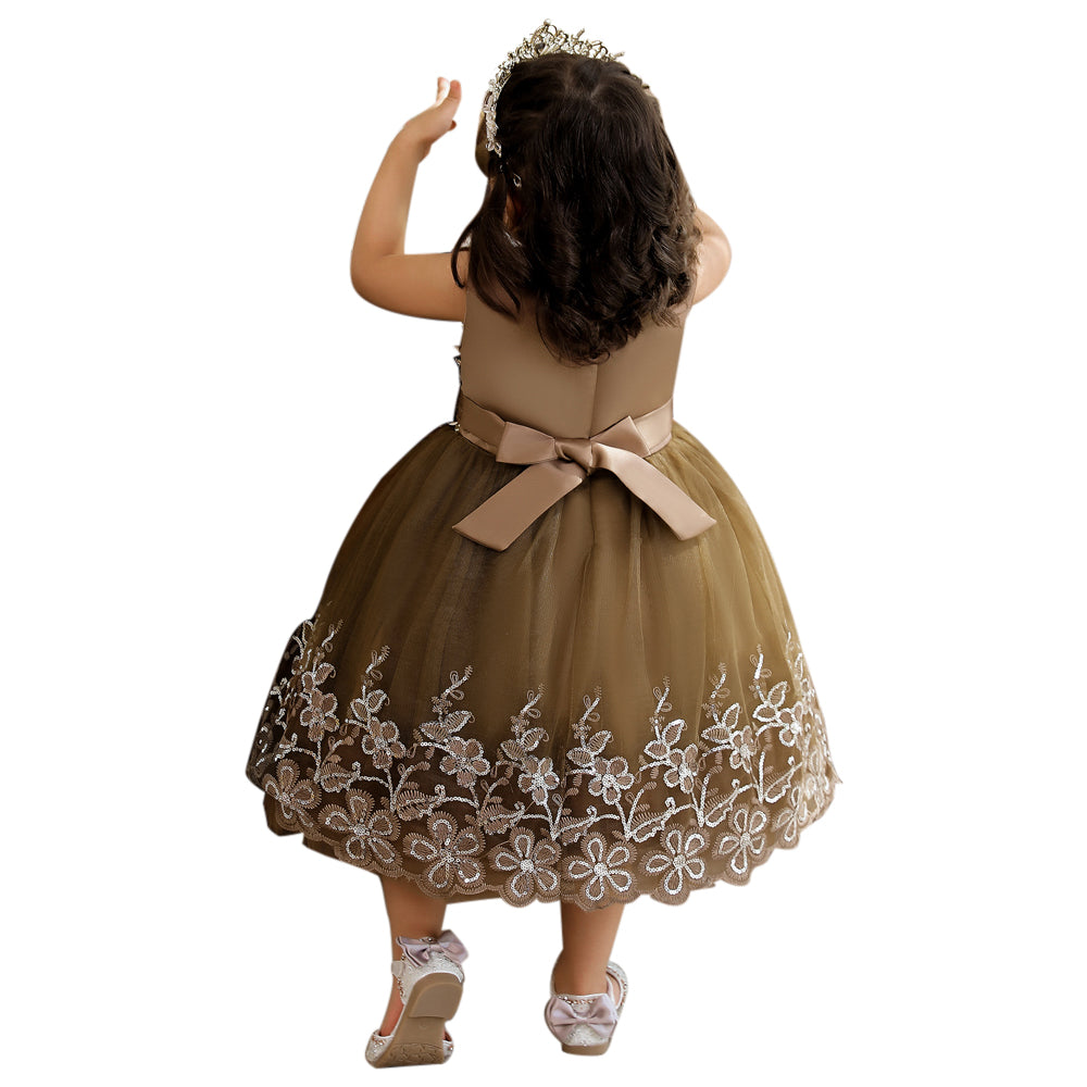 Girls Brown Ethnic Motifs Applique Fit & Flare Midi Dress