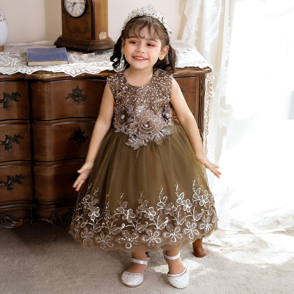 Girls Brown Ethnic Motifs Applique Fit & Flare Midi Dress