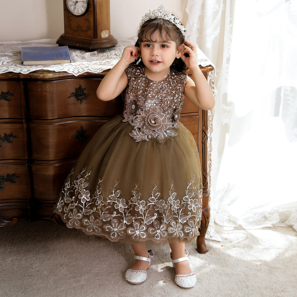 Girls Brown Ethnic Motifs Applique Fit & Flare Midi Dress