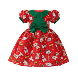 Girls Graphic Printed Puff Sleeve Fit and Flare Dress