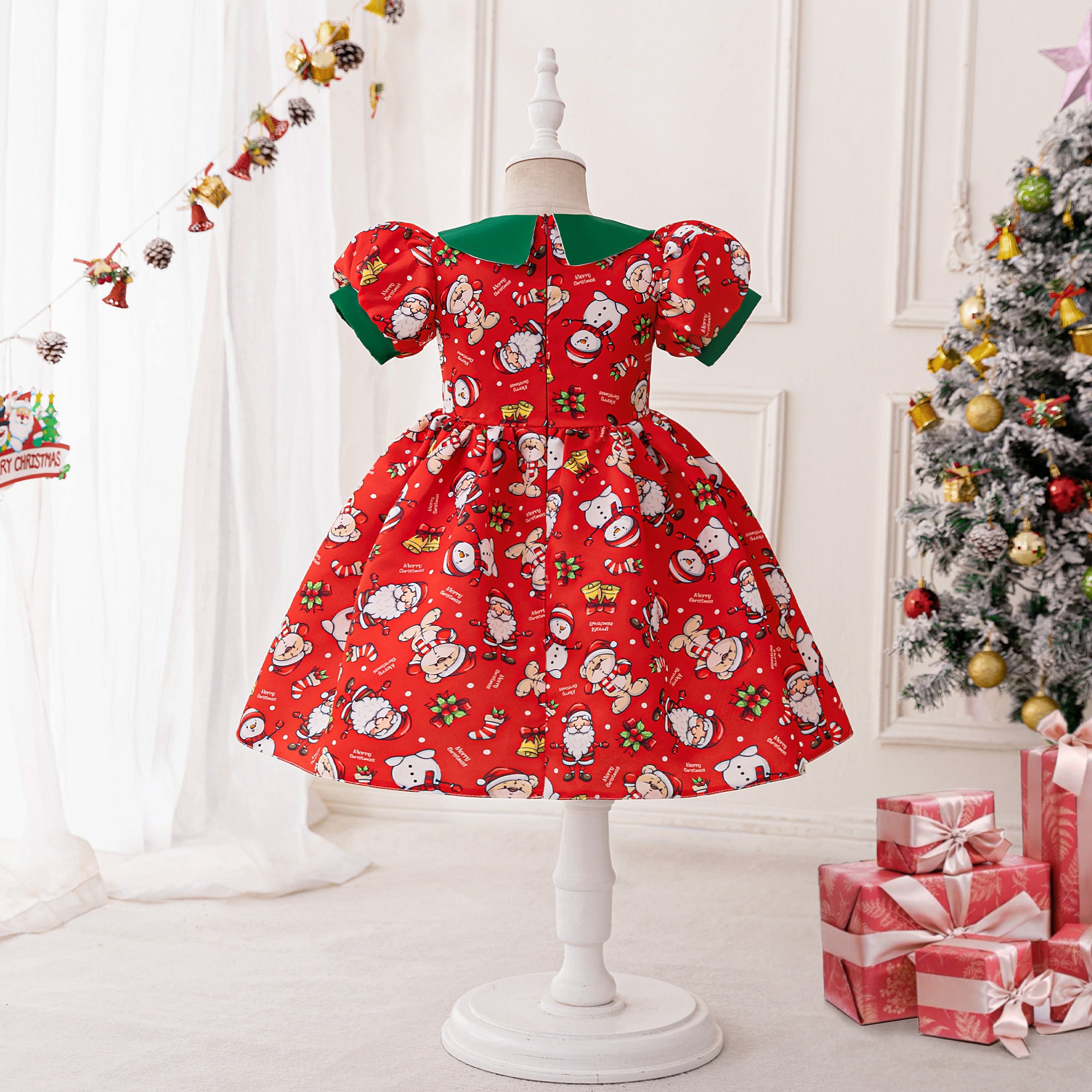 Girls Graphic Printed Puff Sleeve Fit and Flare Dress