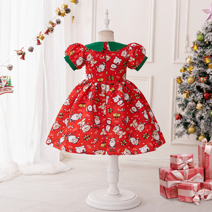 Girls Graphic Printed Puff Sleeve Fit and Flare Dress