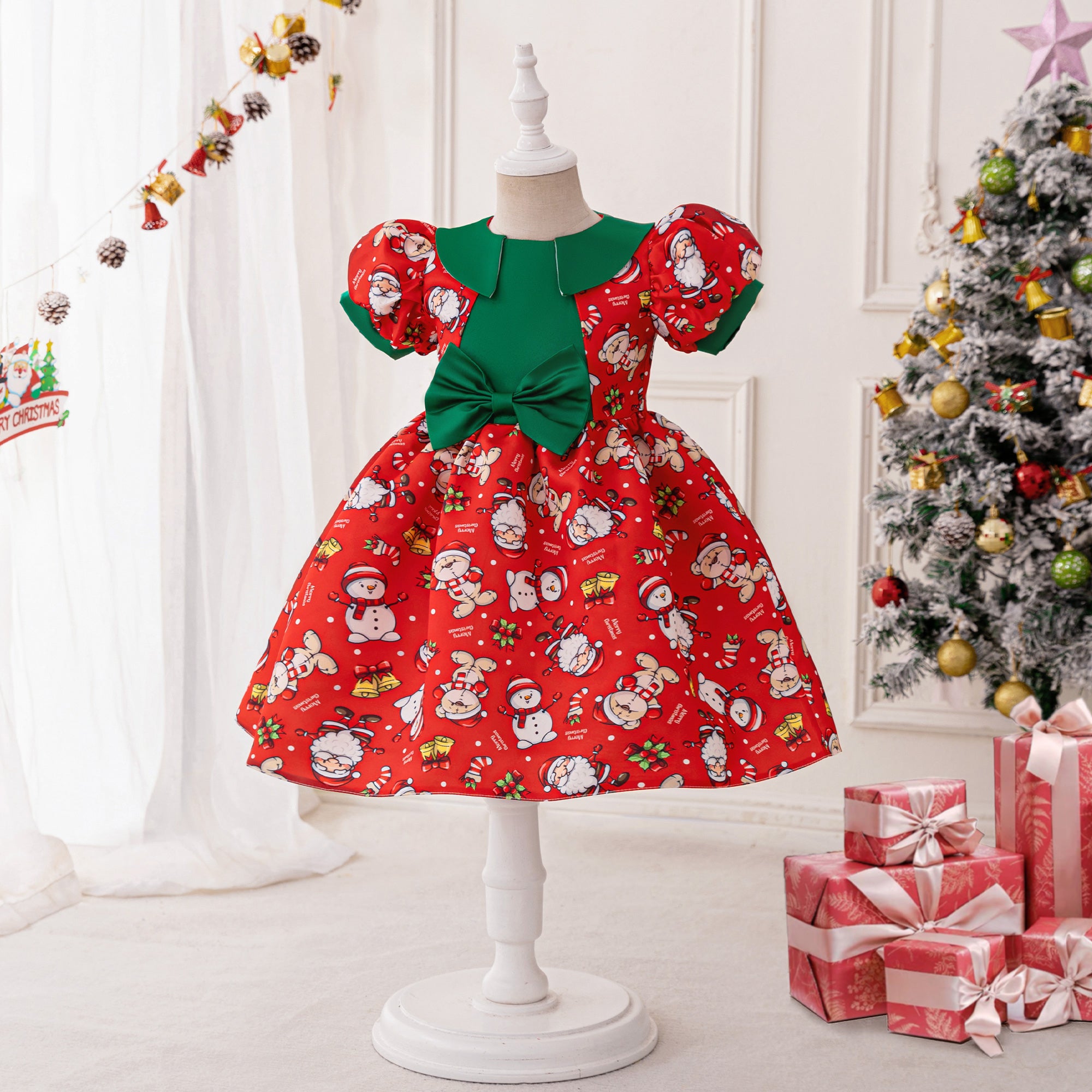 Girls Graphic Printed Puff Sleeve Fit and Flare Dress