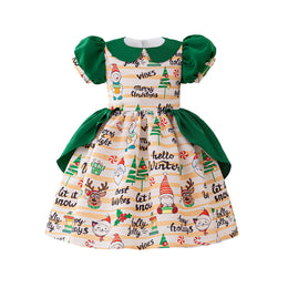 Girls Graphic Printed Puff Sleeve Fit & Flare Dress