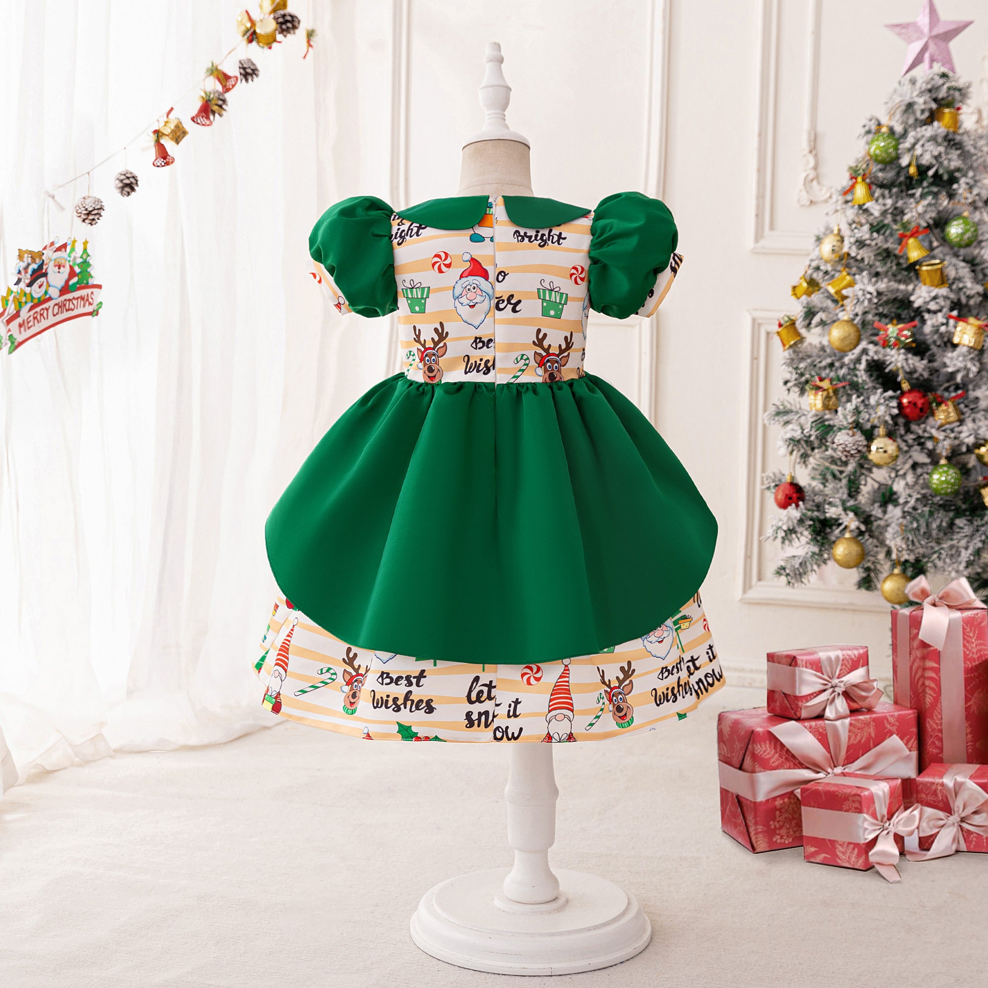 Girls Graphic Printed Puff Sleeve Fit & Flare Dress