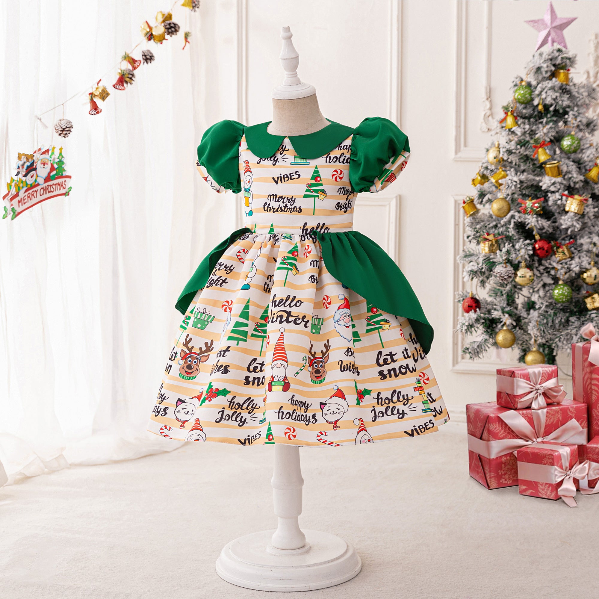 Girls Graphic Printed Puff Sleeve Fit & Flare Dress