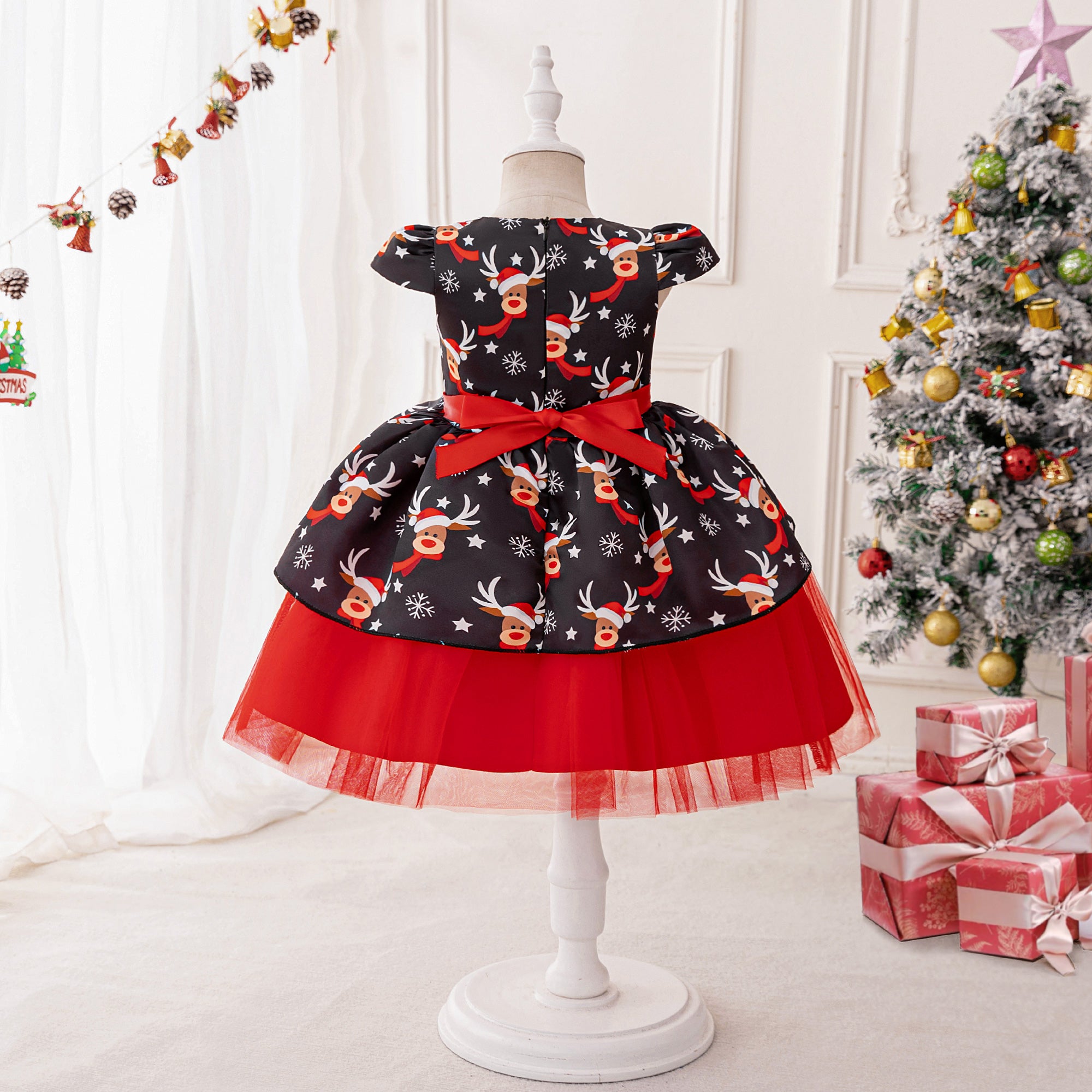 Girls Printed Bows Detailed Fit and Flare Dress