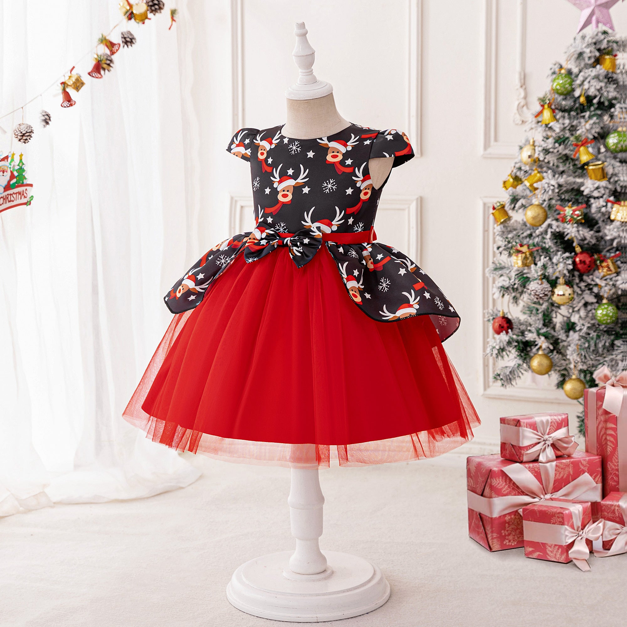 Girls Printed Bows Detailed Fit and Flare Dress