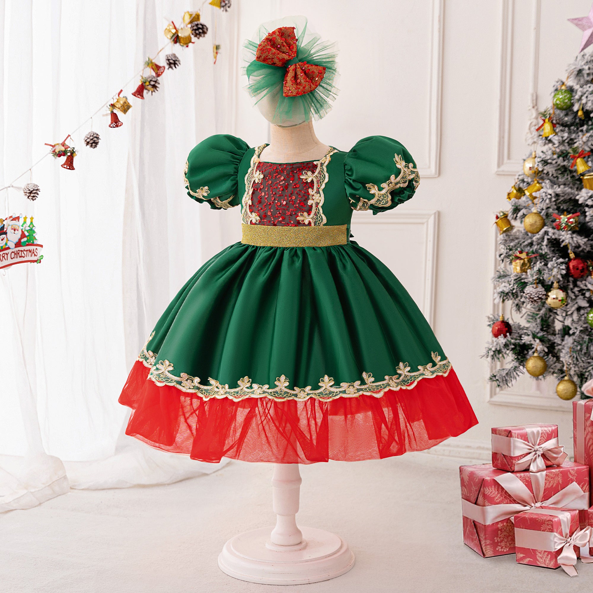 Girls Puff Sleeves Ruffled Balloon Dress With Hairband