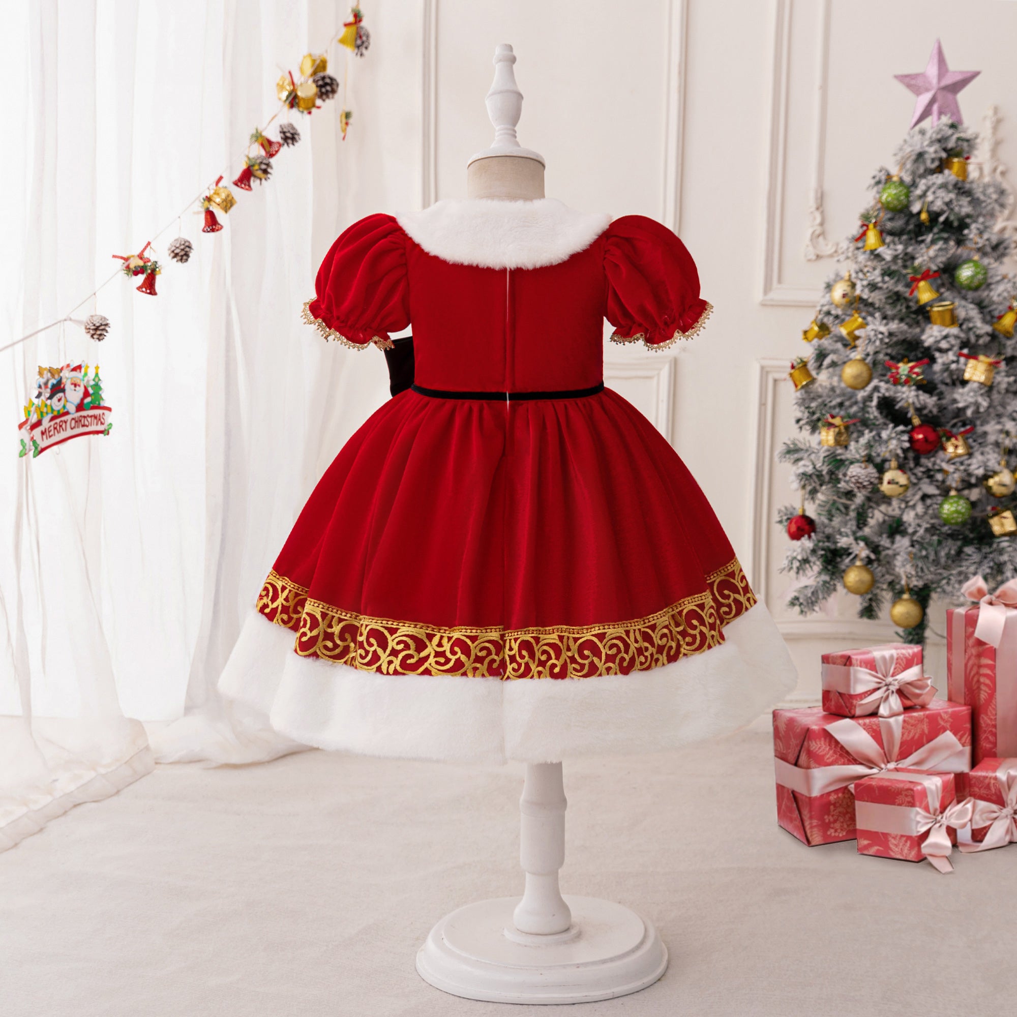 Girls Puff Sleeve Applique A-Line Dress