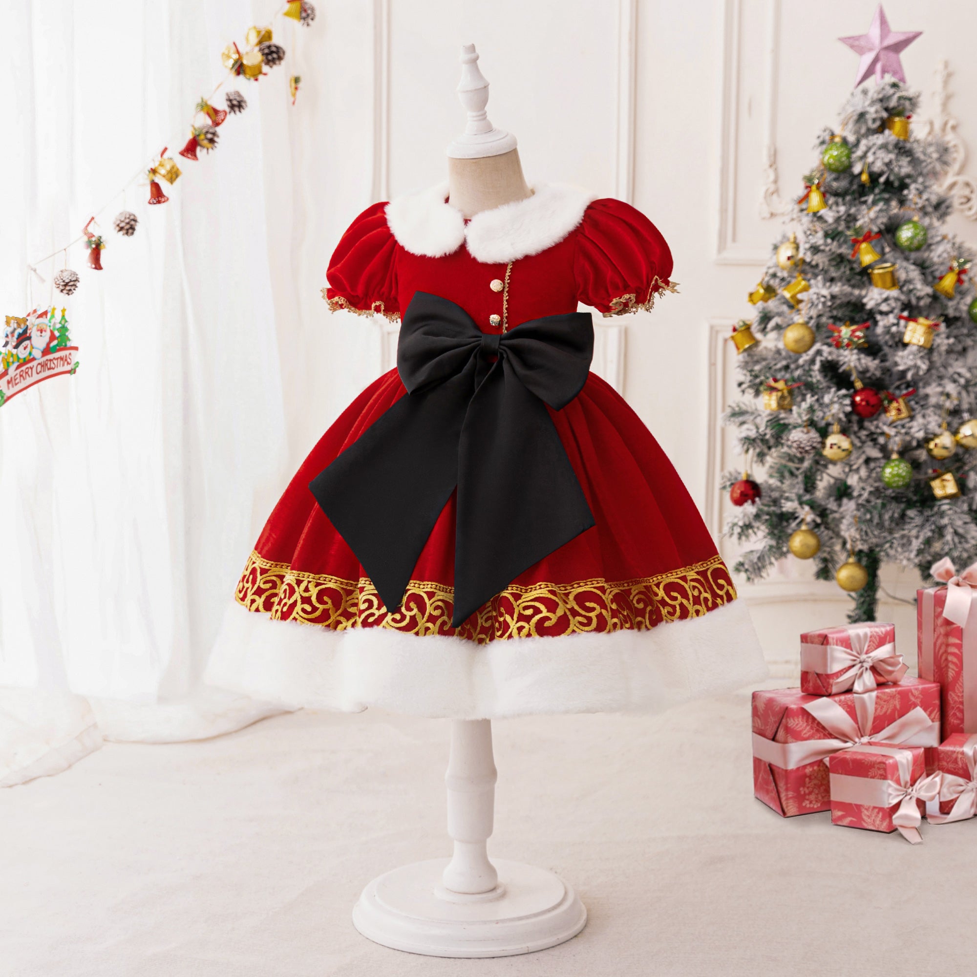 Girls Puff Sleeve Applique A-Line Dress