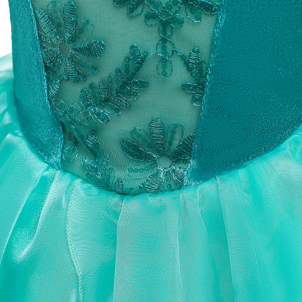 Green Girls Floral Embroidered Applique Layered Maxi Dress