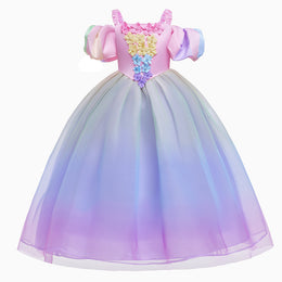 Girls Purple Puff Sleeve Applique Balloon Dress