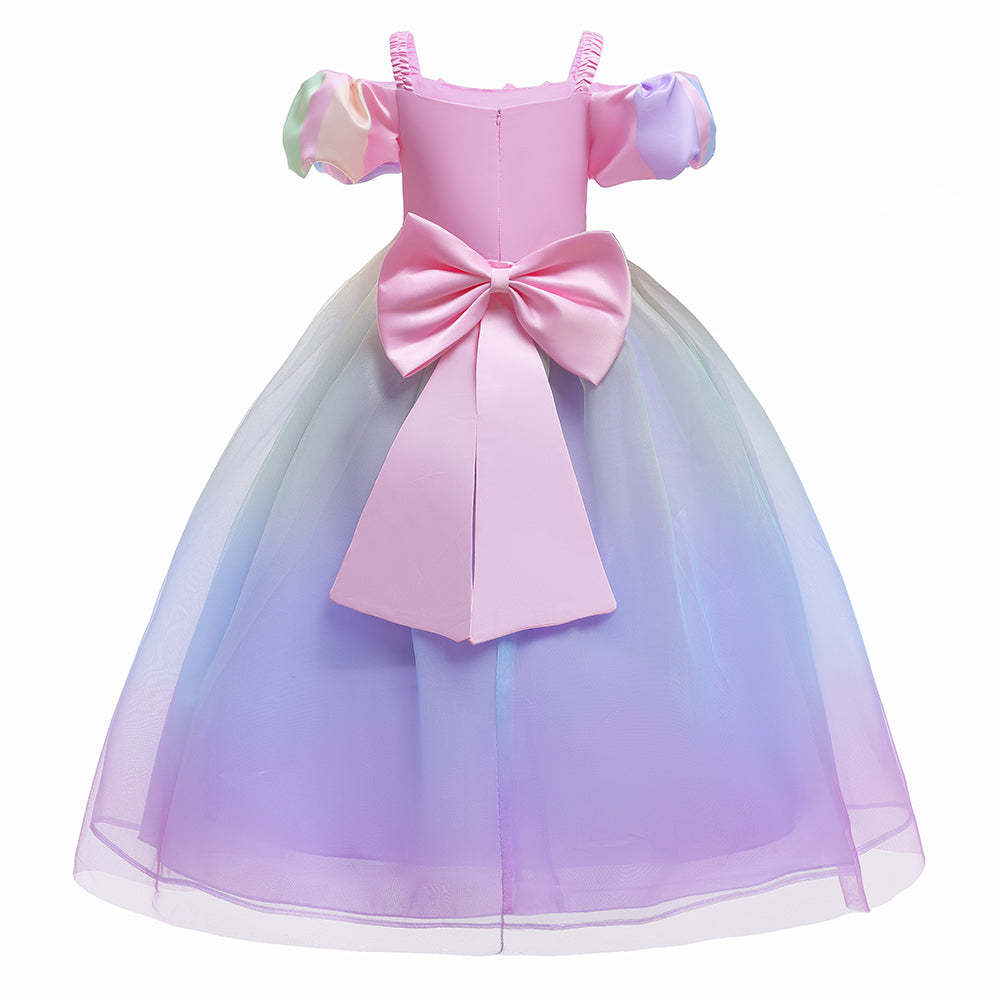 Girls Purple Puff Sleeve Applique Balloon Dress
