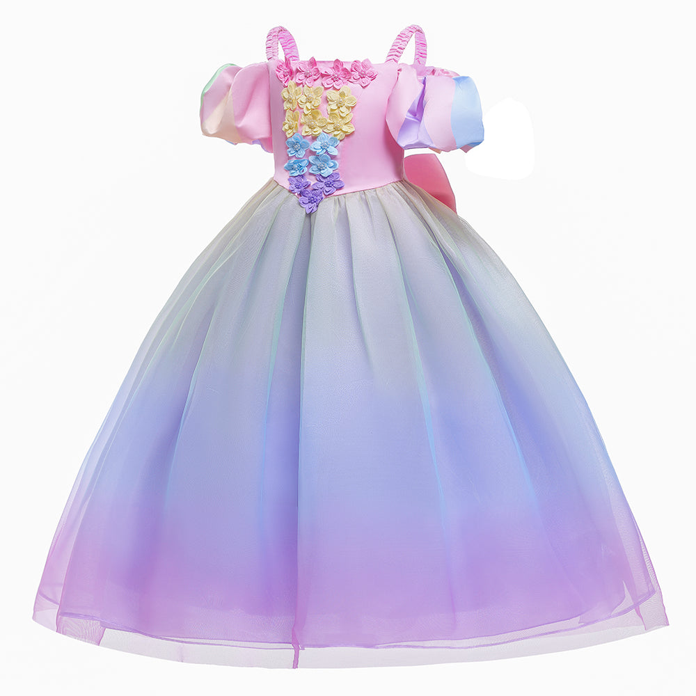 Girls Purple Puff Sleeve Applique Balloon Dress