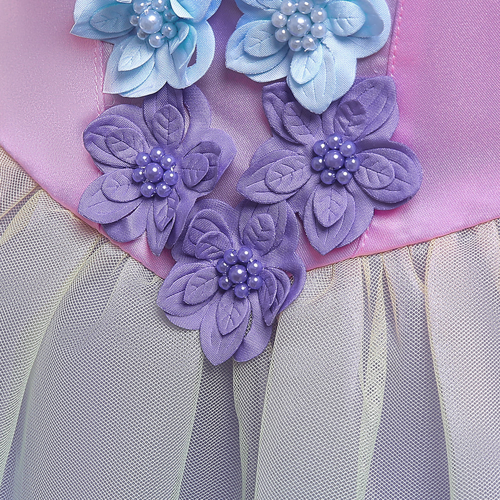 Girls Purple Puff Sleeve Applique Balloon Dress