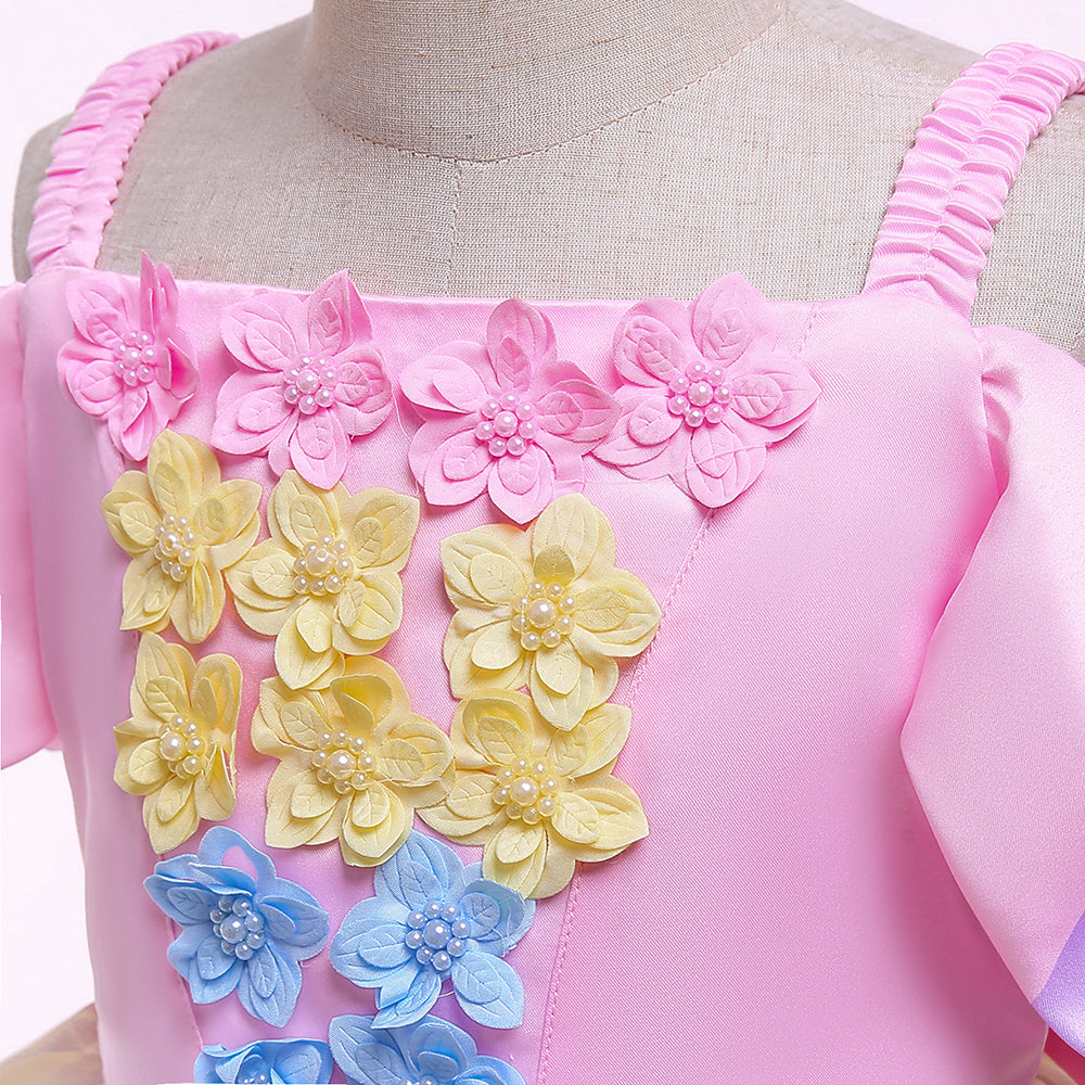 Girls Purple Puff Sleeve Applique Balloon Dress