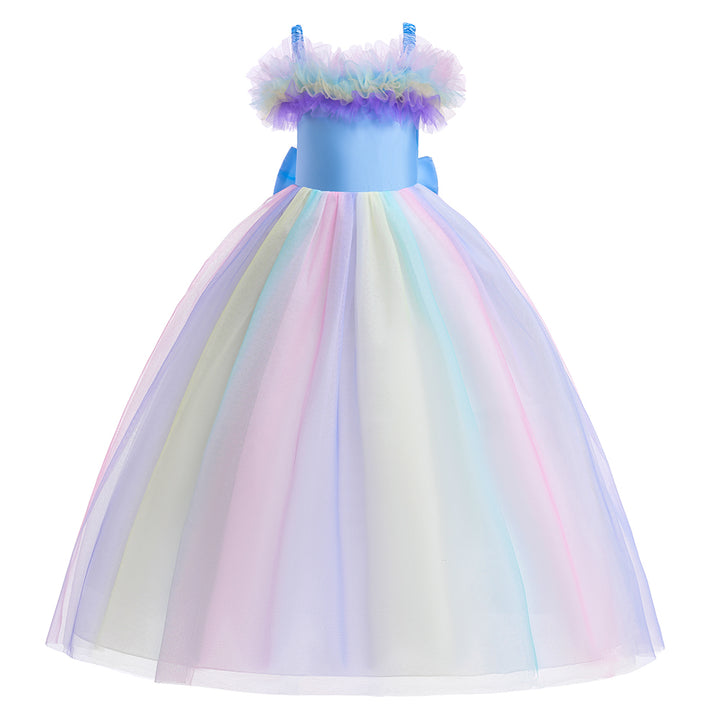Girls Blue Self Design Ruffles Net Gown Maxi Dress