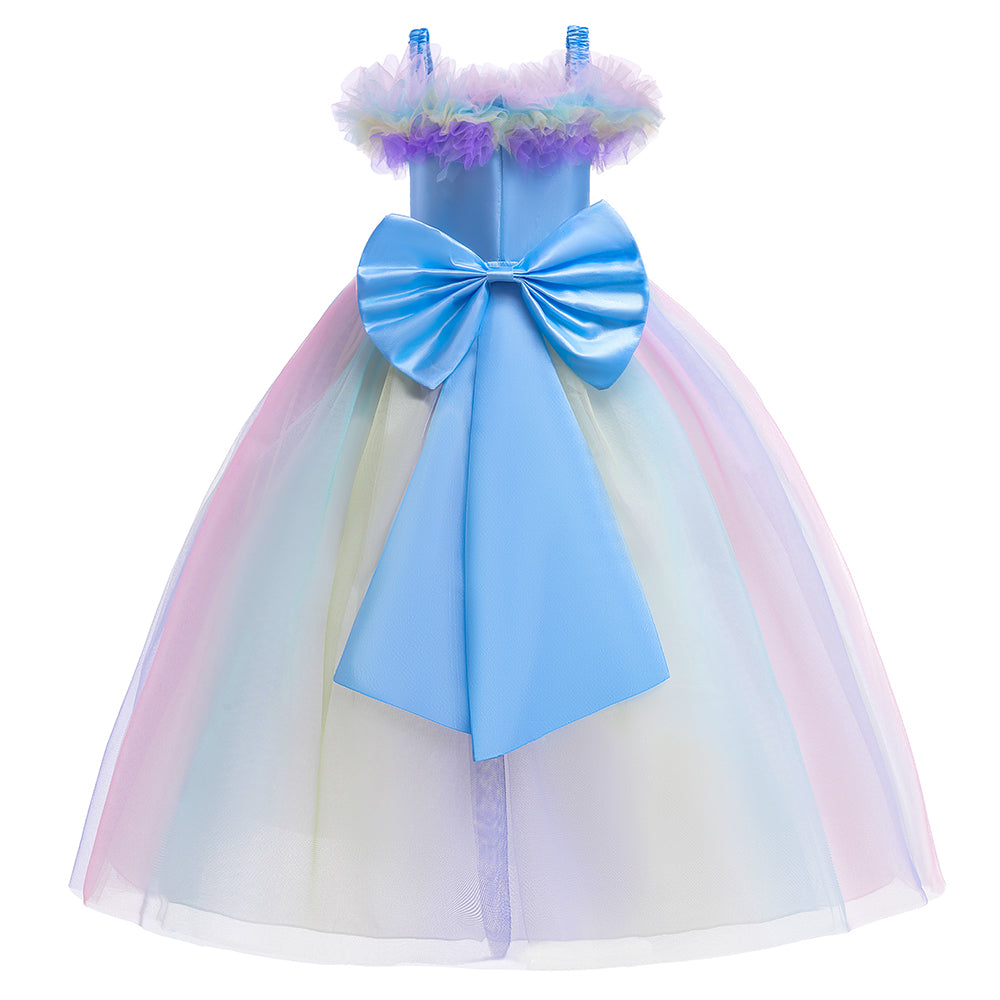 Girls Blue Self Design Ruffles Net Gown Maxi Dress