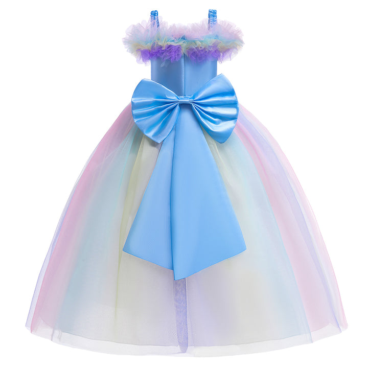 Girls Blue Self Design Ruffles Net Gown Maxi Dress