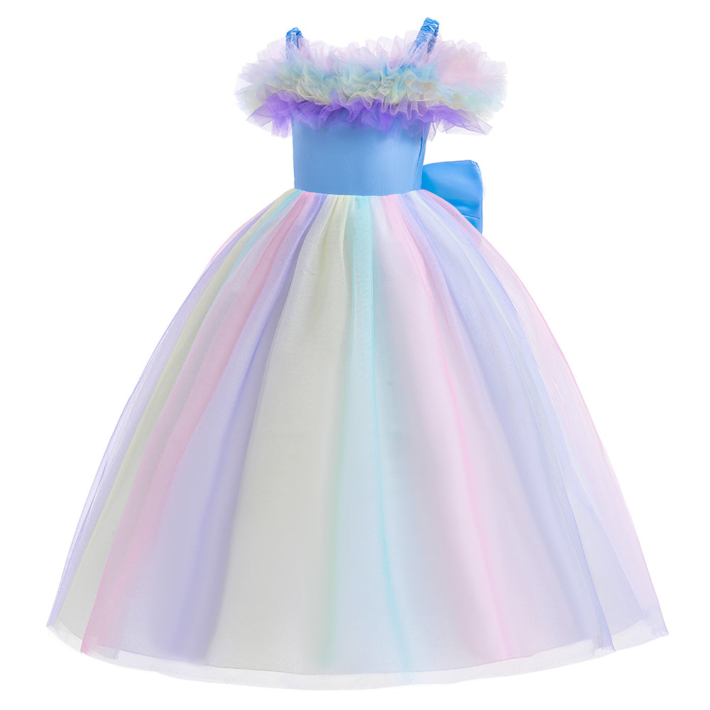 Girls Blue Self Design Ruffles Net Gown Maxi Dress