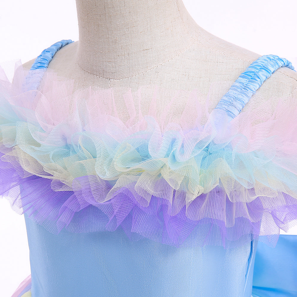 Girls Blue Self Design Ruffles Net Gown Maxi Dress