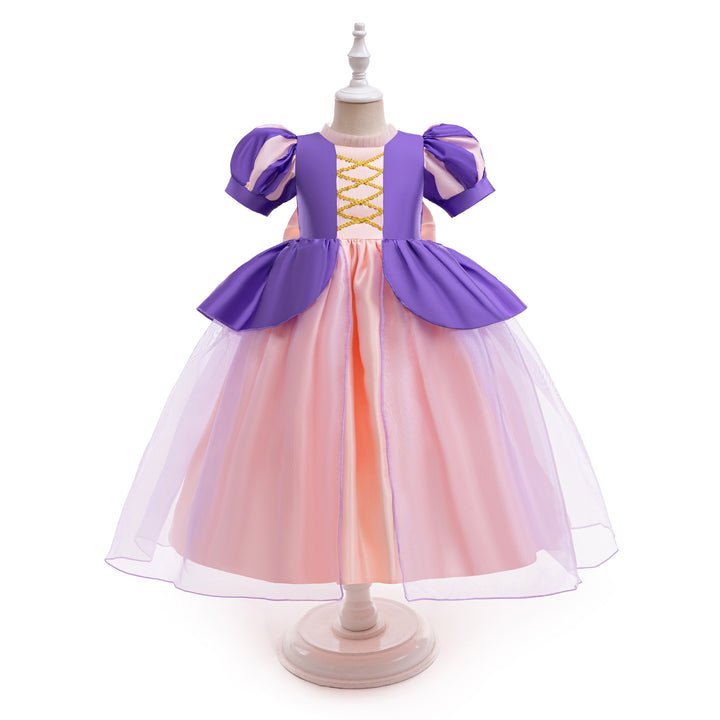 Girls Colourblocked Puff Sleeve Fit and Flare Dress
