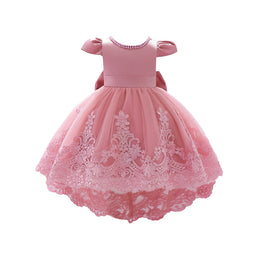 Girls Pink Embellished Round Neck Puff Sleeves Applique Party Balloon Mini Dress