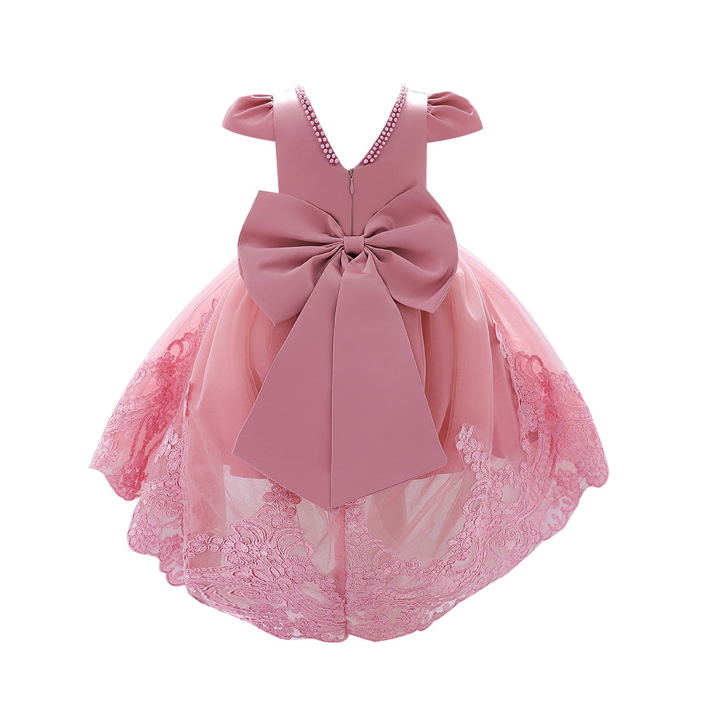 Girls Pink Embellished Round Neck Puff Sleeves Applique Party Balloon Mini Dress