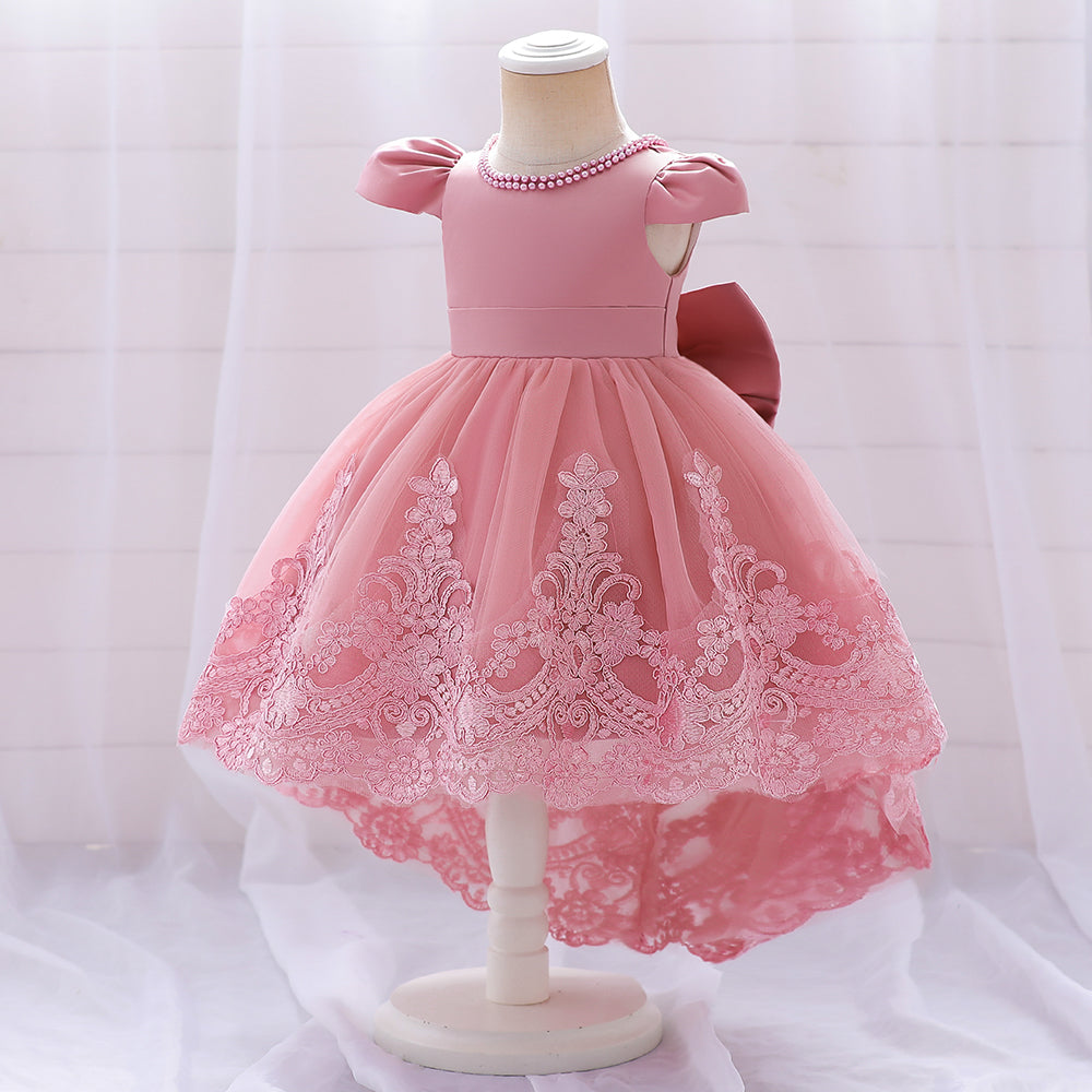 Girls Pink Embellished Round Neck Puff Sleeves Applique Party Balloon Mini Dress