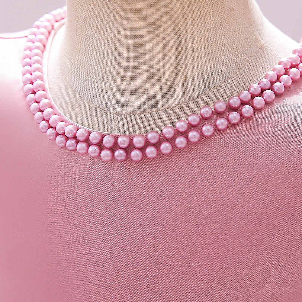 Girls Pink Embellished Round Neck Puff Sleeves Applique Party Balloon Mini Dress