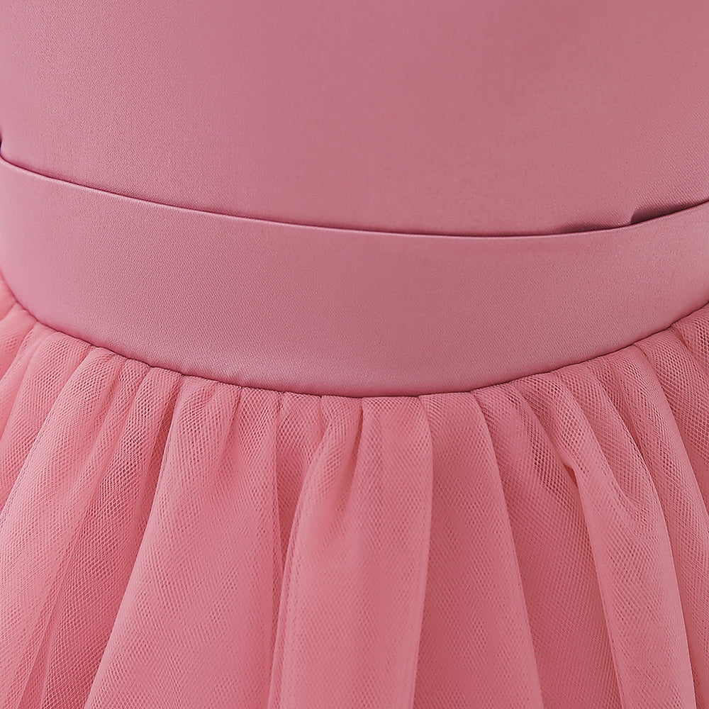 Girls Pink Embellished Round Neck Puff Sleeves Applique Party Balloon Mini Dress