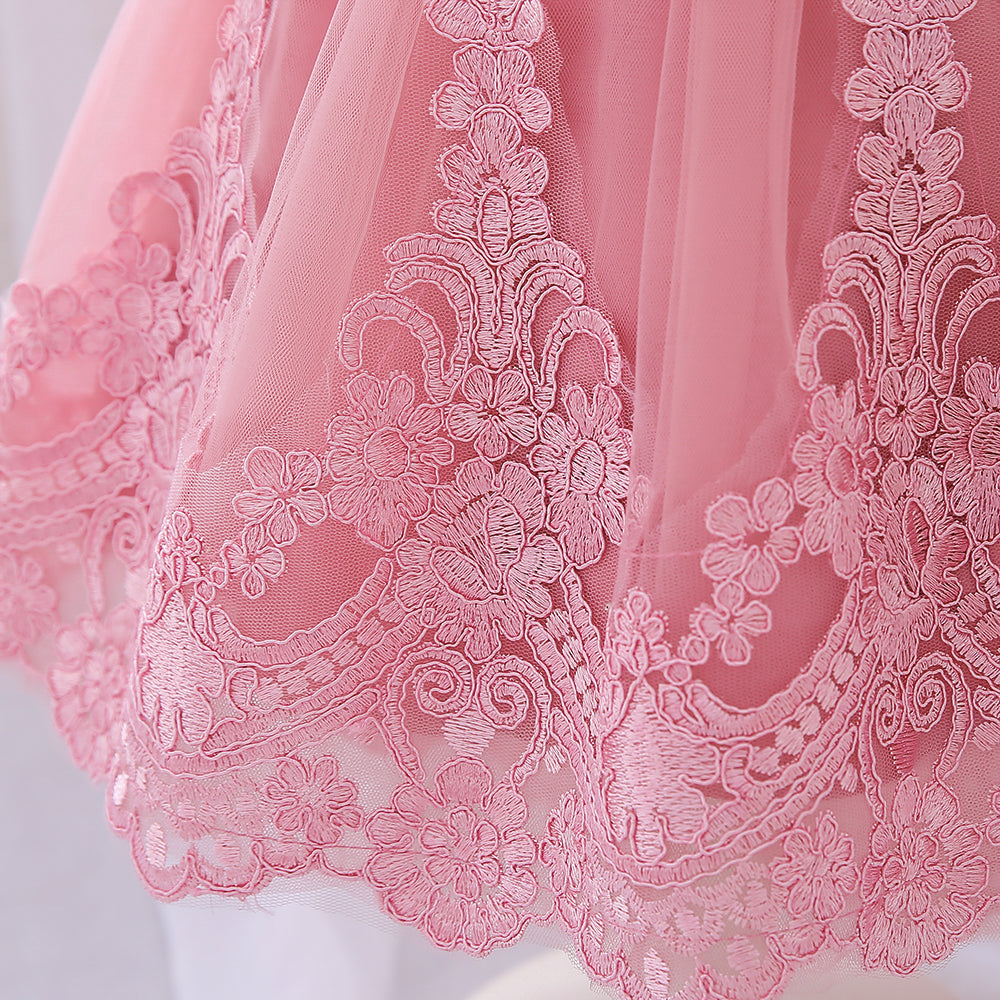 Girls Pink Embellished Round Neck Puff Sleeves Applique Party Balloon Mini Dress