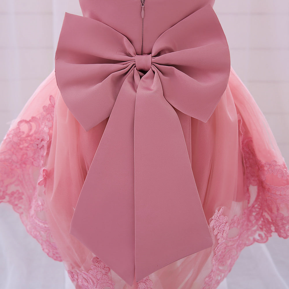 Girls Pink Embellished Round Neck Puff Sleeves Applique Party Balloon Mini Dress