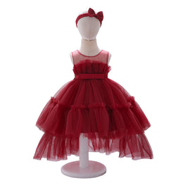 Girls Red Round Neck Layered Gown Maxi Dress