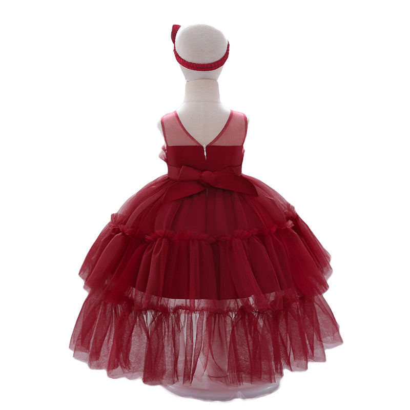 Girls Red Round Neck Layered Gown Maxi Dress