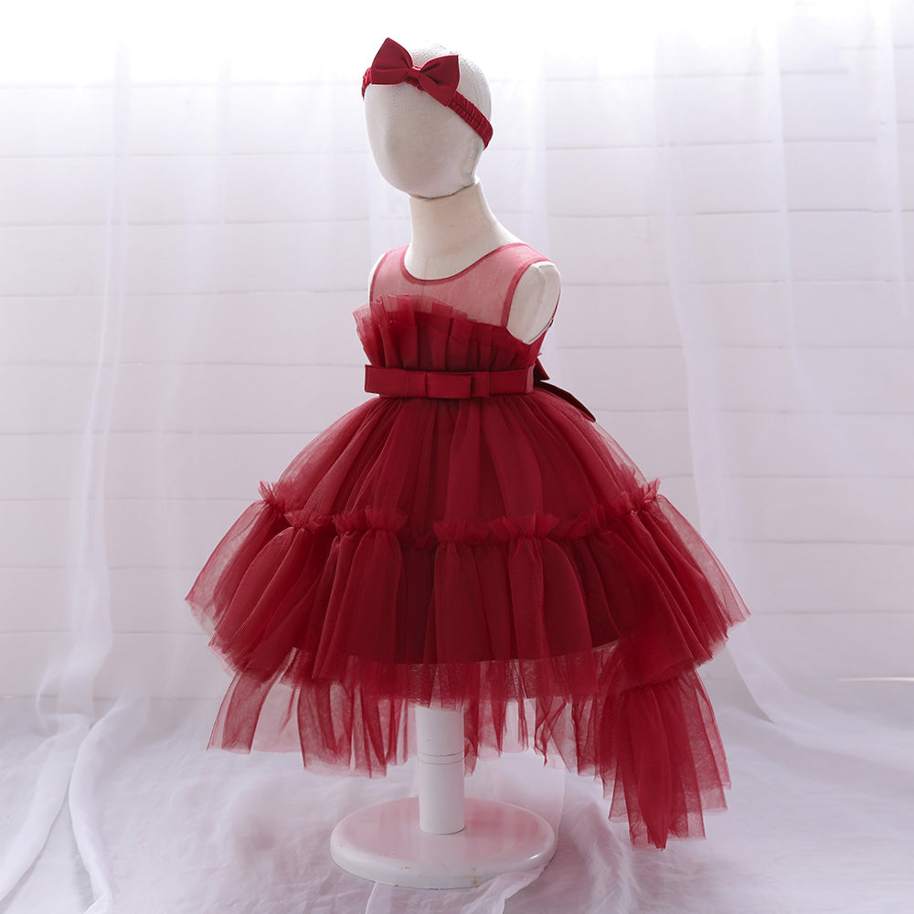 Girls Red Round Neck Layered Gown Maxi Dress