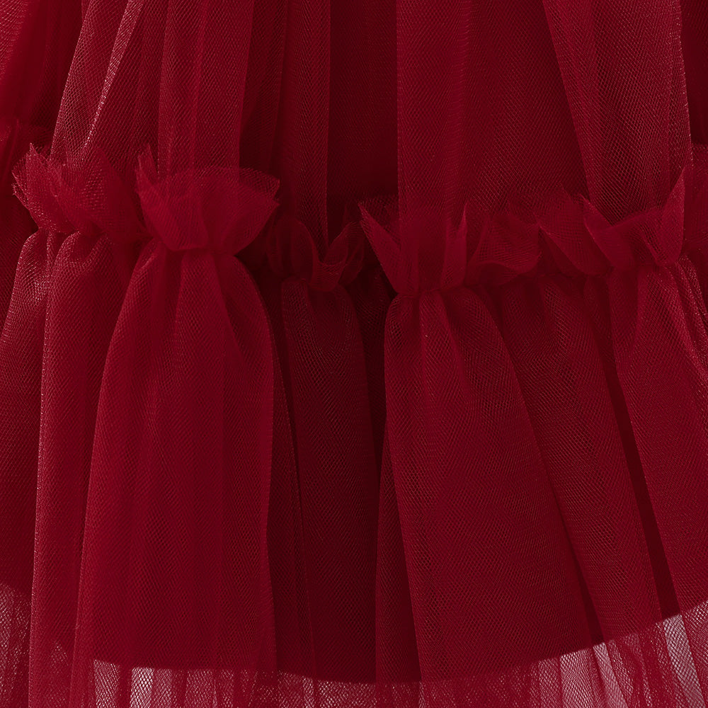 Girls Red Round Neck Layered Gown Maxi Dress