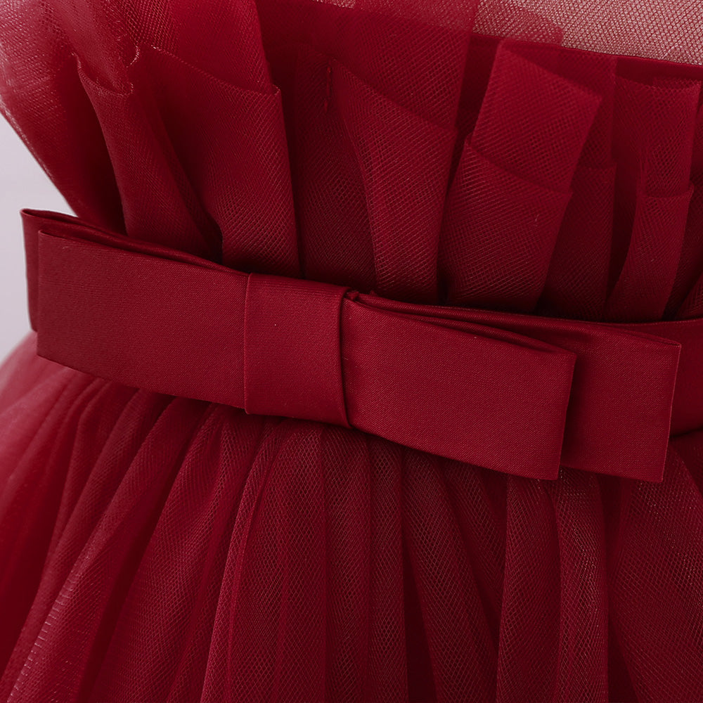 Girls Red Round Neck Layered Gown Maxi Dress