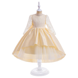 Girls Yellow Round Neck Puff Sleeve Bow Semi Sheer Party Fit & Flare Maxi Dress