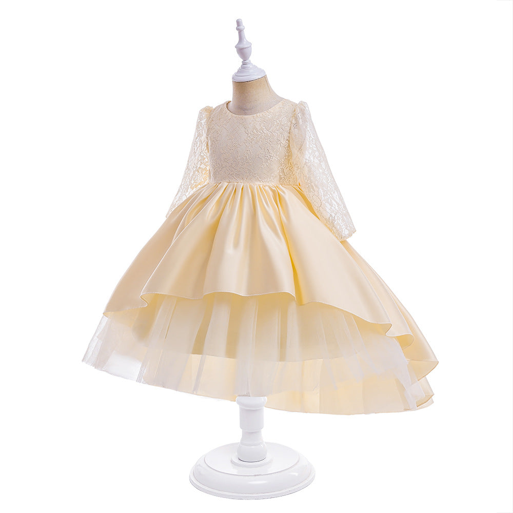 Girls Yellow Round Neck Puff Sleeve Bow Semi Sheer Party Fit & Flare Maxi Dress