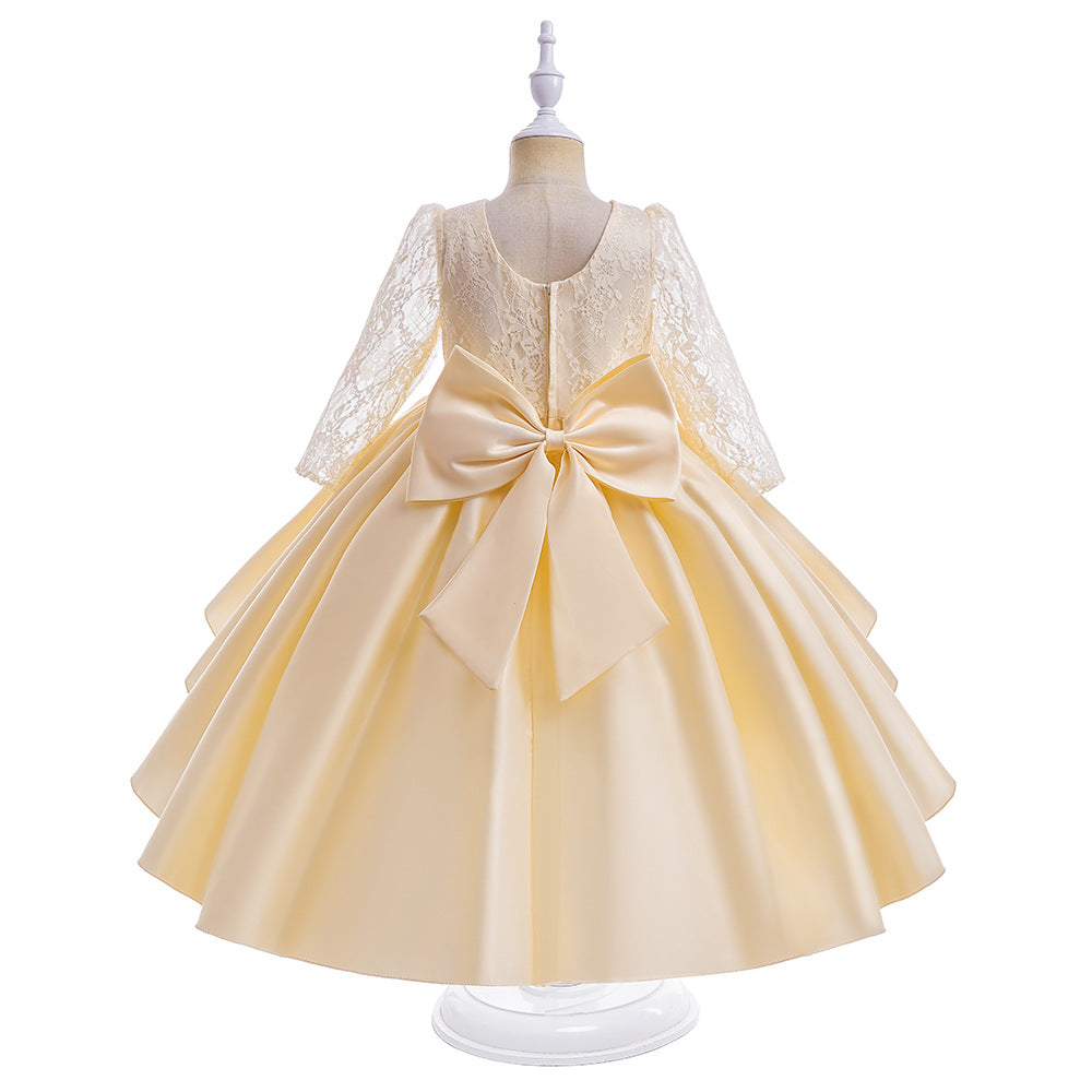 Girls Yellow Round Neck Puff Sleeve Bow Semi Sheer Party Fit & Flare Maxi Dress