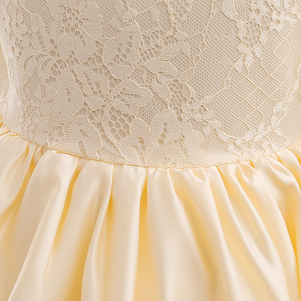 Girls Yellow Round Neck Puff Sleeve Bow Semi Sheer Party Fit & Flare Maxi Dress