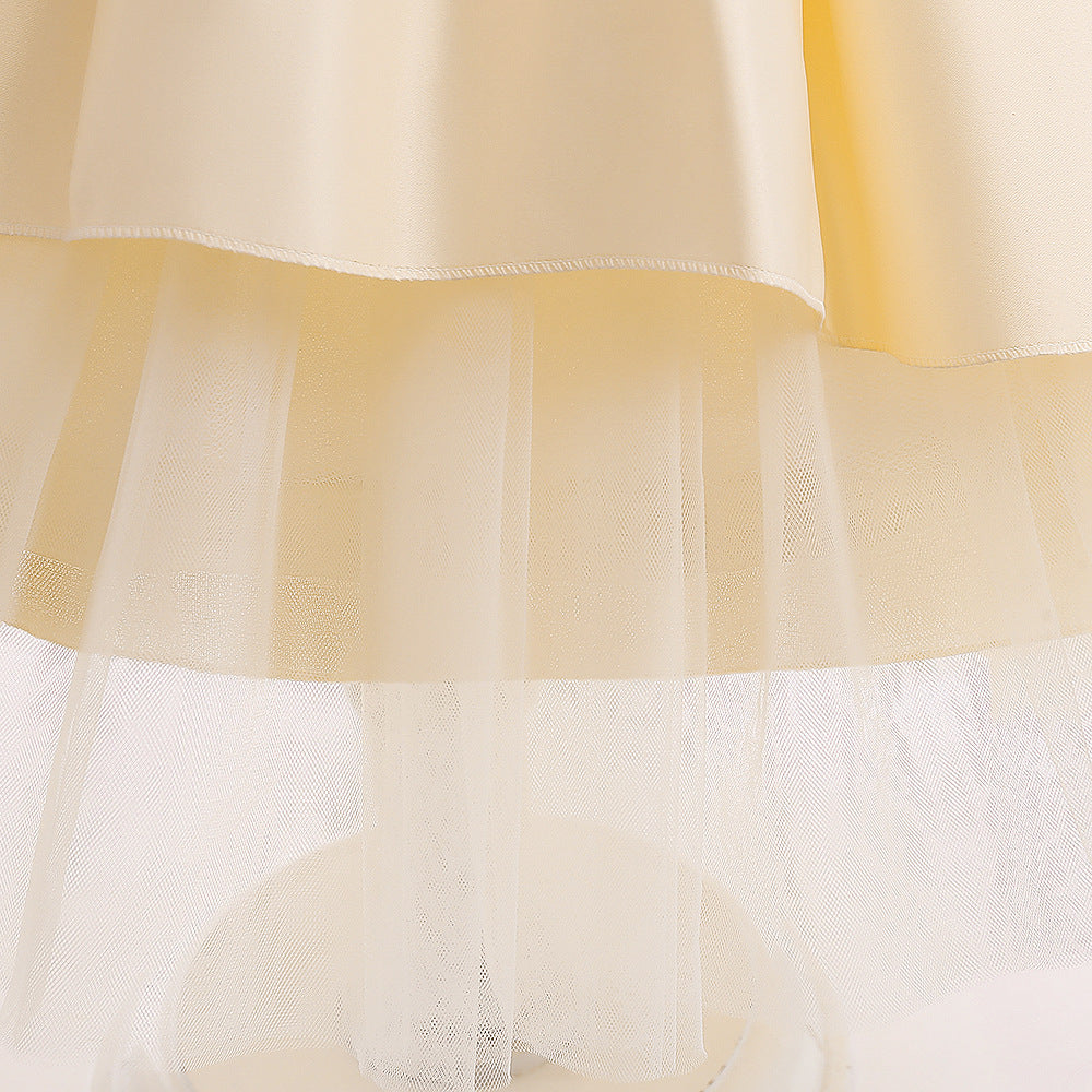 Girls Yellow Round Neck Puff Sleeve Bow Semi Sheer Party Fit & Flare Maxi Dress