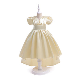 Girls Beige Puffed Sleeves Balloon High-Low Maxi Dress
