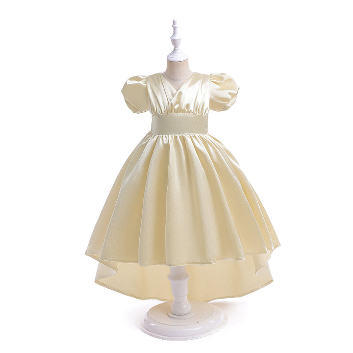 Girls Beige Puffed Sleeves Balloon High-Low Maxi Dress
