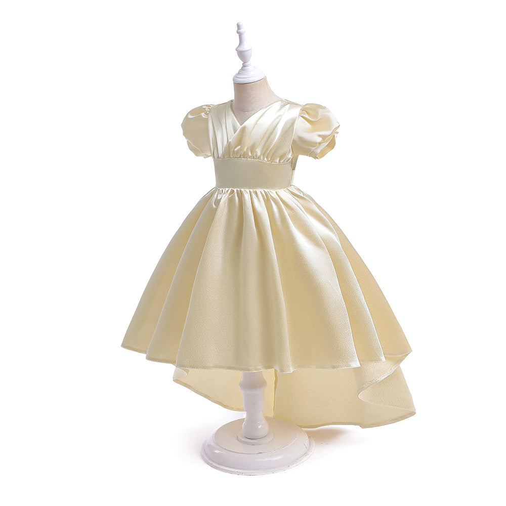 Girls Beige Puffed Sleeves Balloon High-Low Maxi Dress