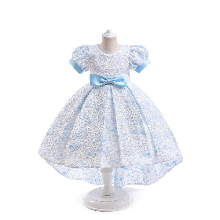Blue Girls Floral Embroidered Puff Sleeve Gown Dress
