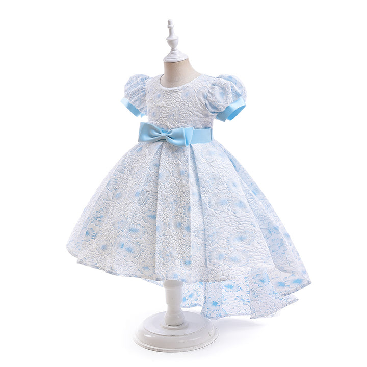 Blue Girls Floral Embroidered Puff Sleeve Gown Dress